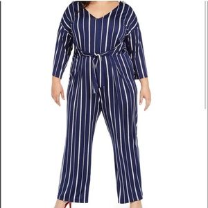 New NY Collection Jumpsuit Romper Women 2X Tie Stripe Navy White Nautical Gaucho